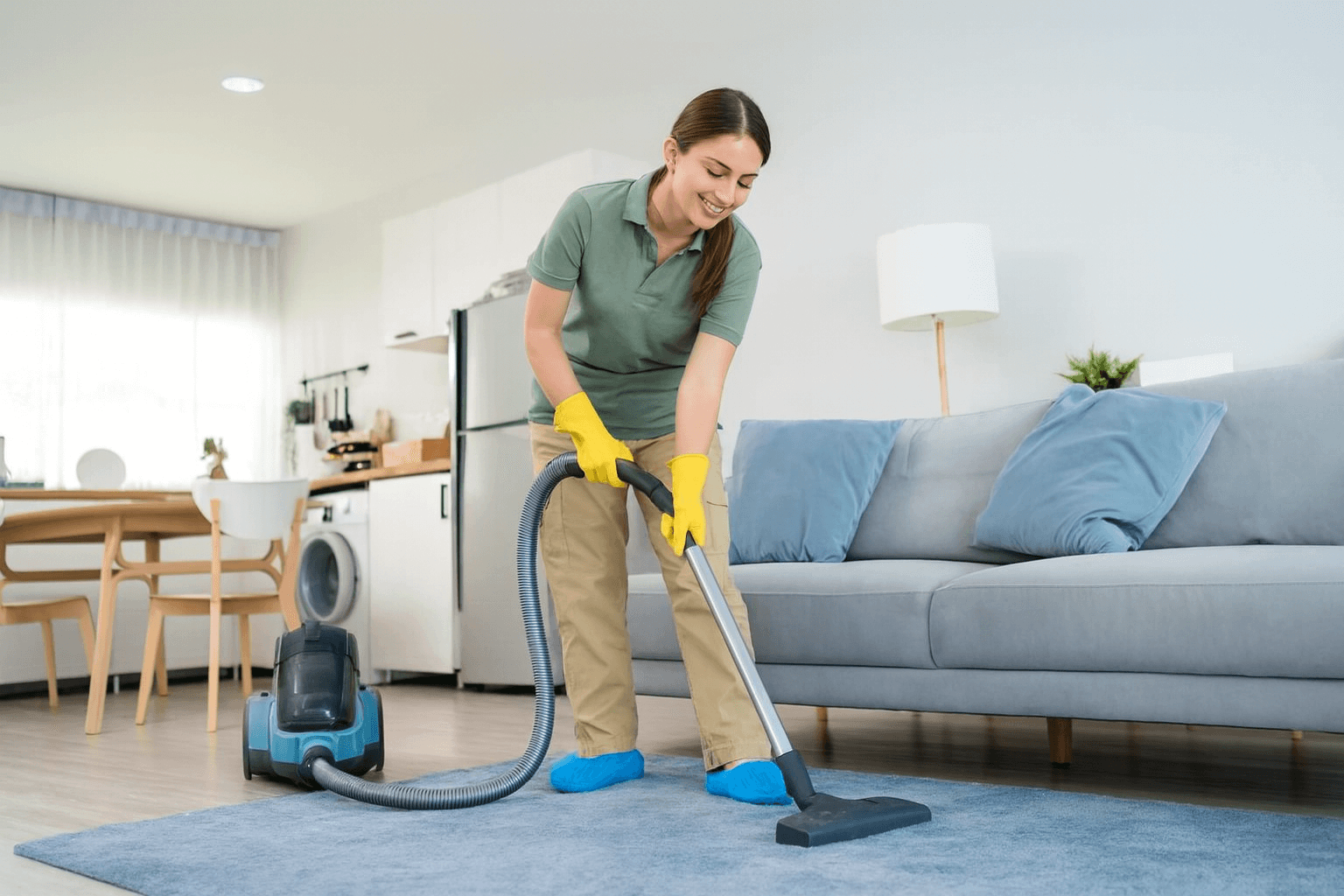 Essential Cleaning Essex County professional cleaner vacuuming living room carpet