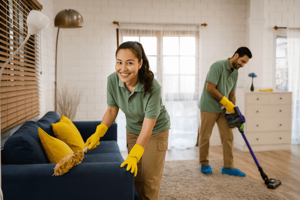 Essential Cleaning Essex County professional cleaning team working in living room